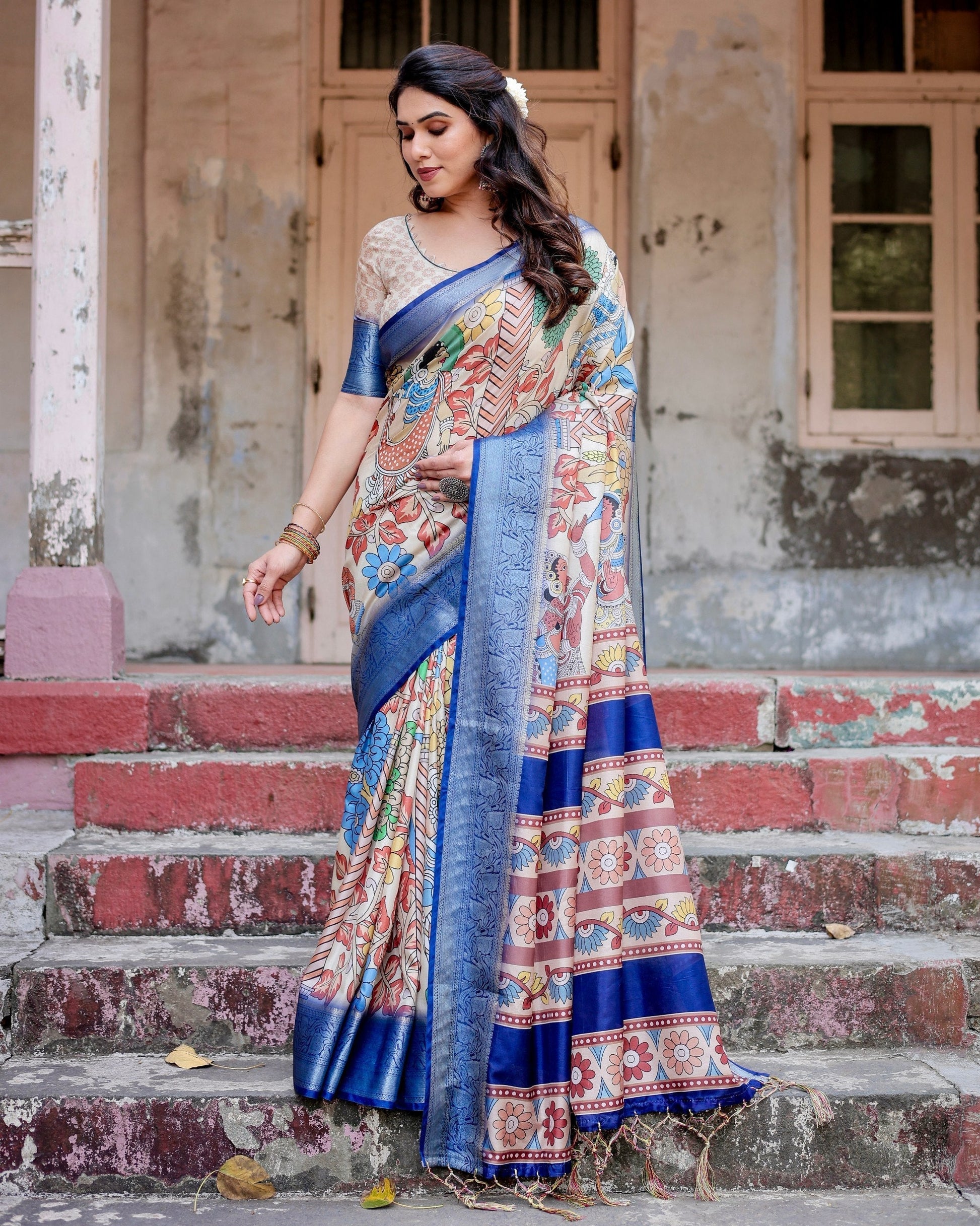 Cream With Blue  Floral Printed Cotton Silk Saree