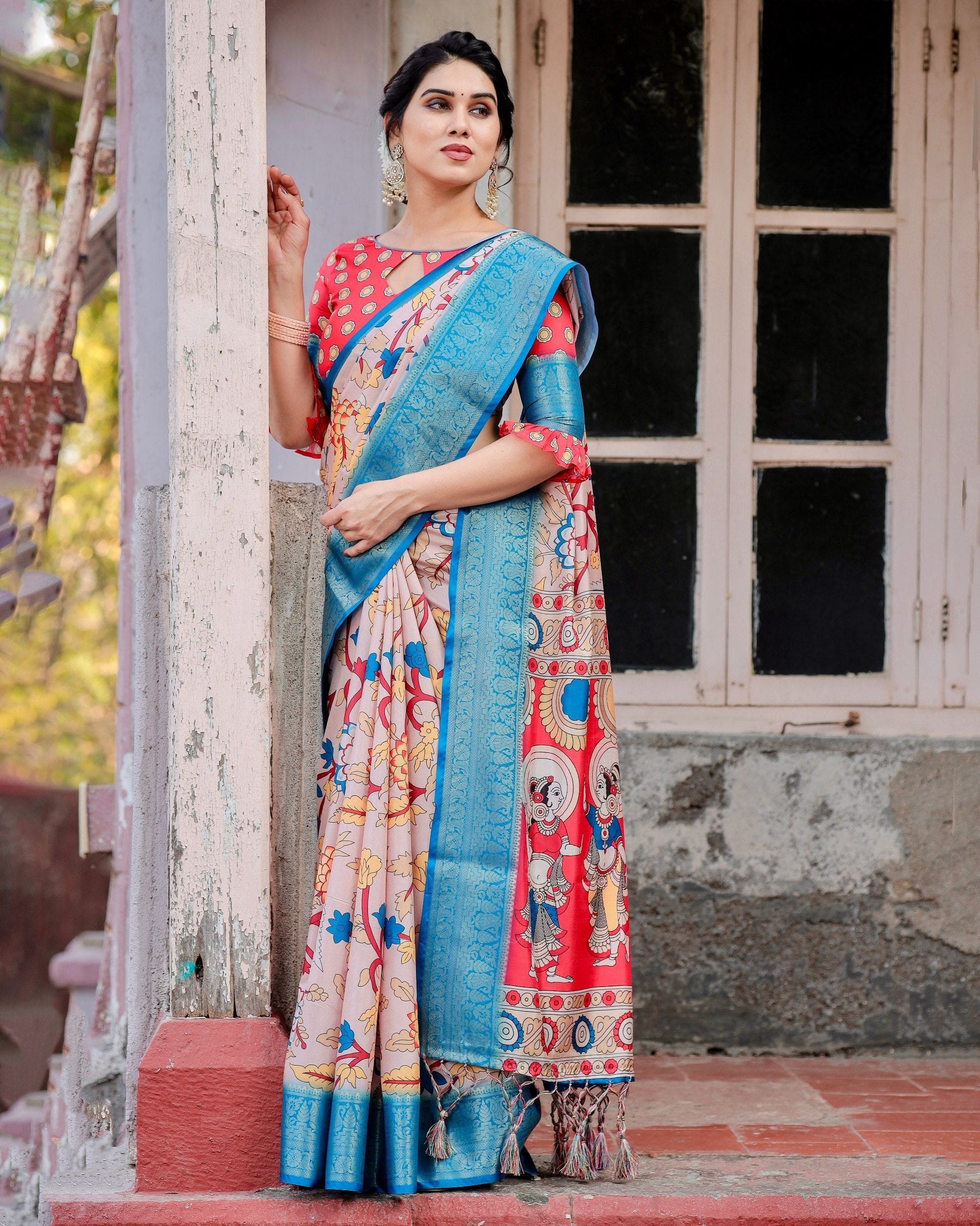 Sky Blue With Peach Floral Printed Cotton Silk Saree