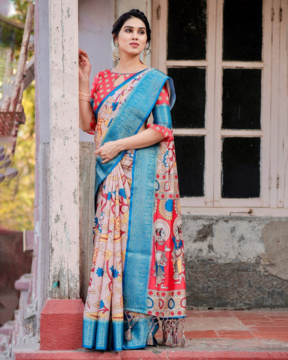 Sky Blue With Peach Floral Printed Cotton Silk Saree