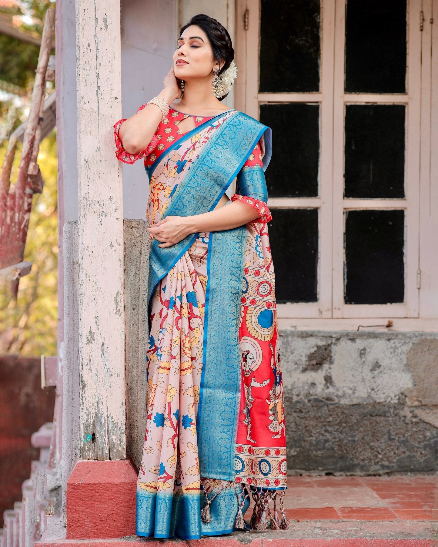 Sky Blue With Peach Floral Printed Cotton Silk Saree