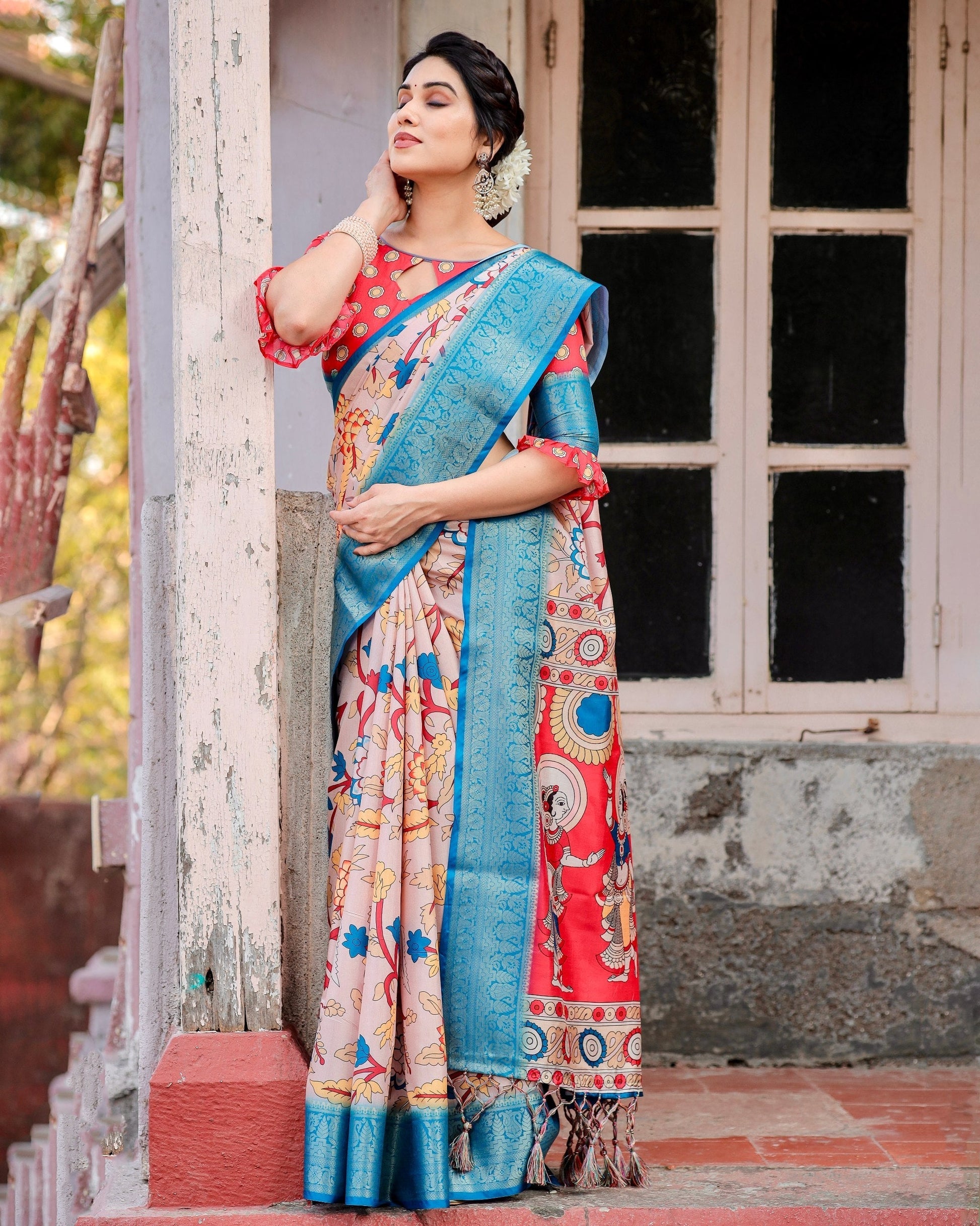 Sky Blue With Peach Floral Printed Cotton Silk Saree