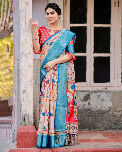 Sky Blue With Peach Floral Printed Cotton Silk Saree