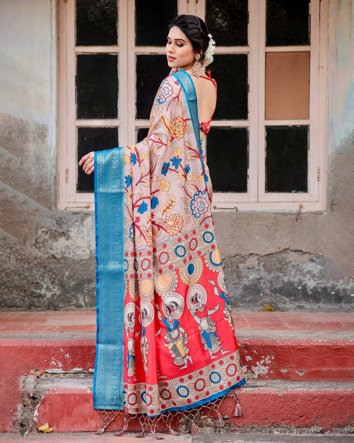 Sky Blue With Peach Floral Printed Cotton Silk Saree