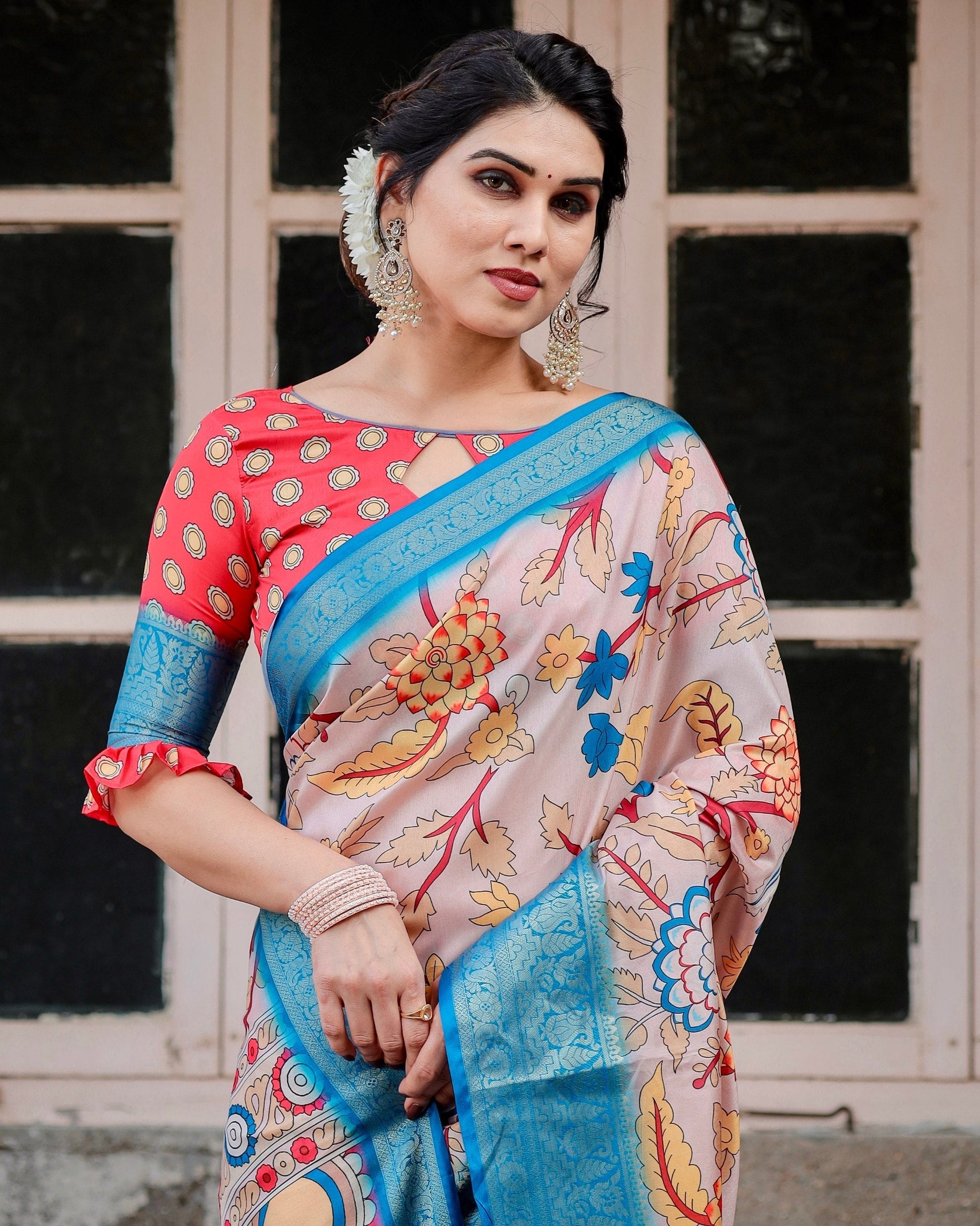Sky Blue With Peach Floral Printed Cotton Silk Saree