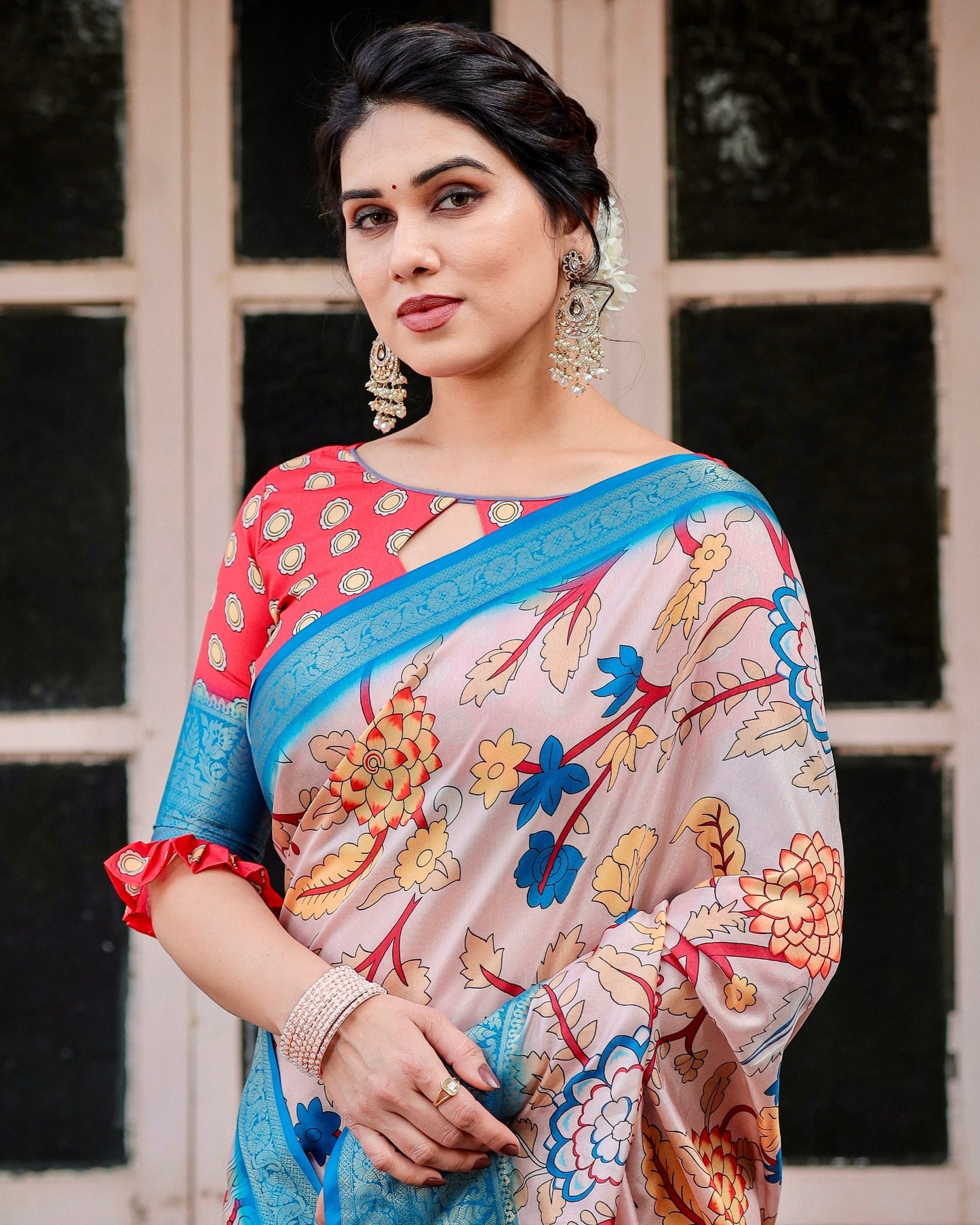 Sky Blue With Peach Floral Printed Cotton Silk Saree