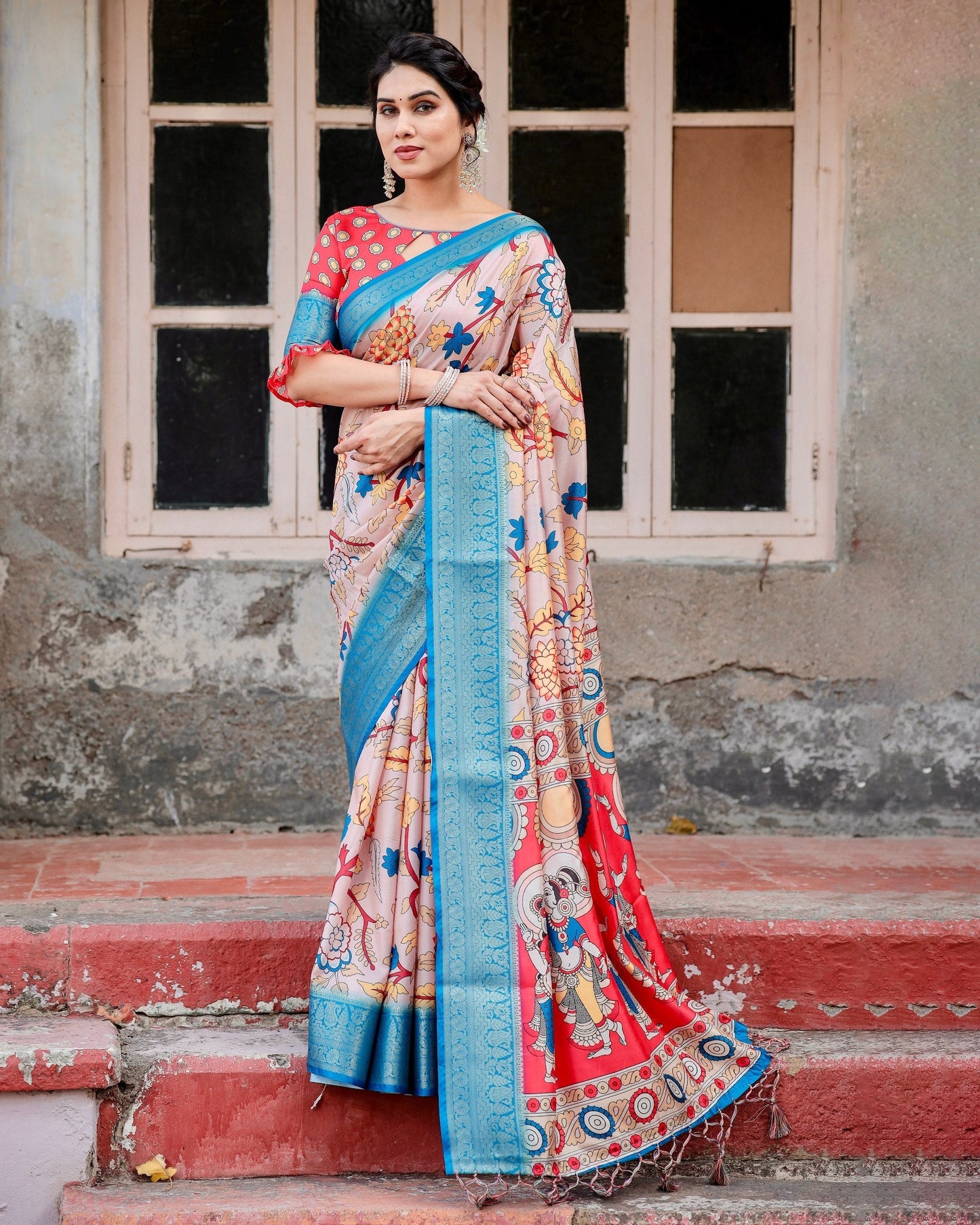 Sky Blue With Peach Floral Printed Cotton Silk Saree