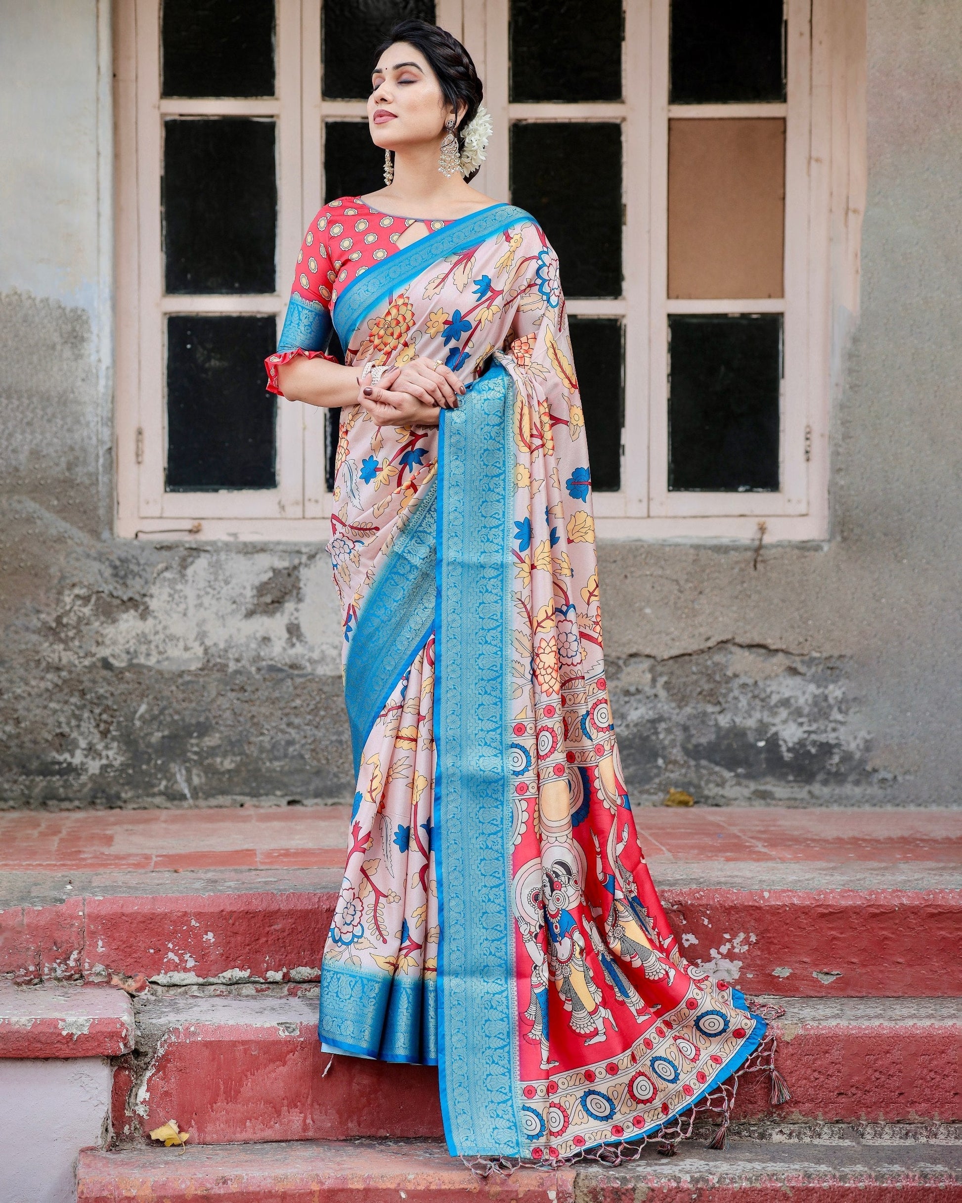 Sky Blue With Peach Floral Printed Cotton Silk Saree