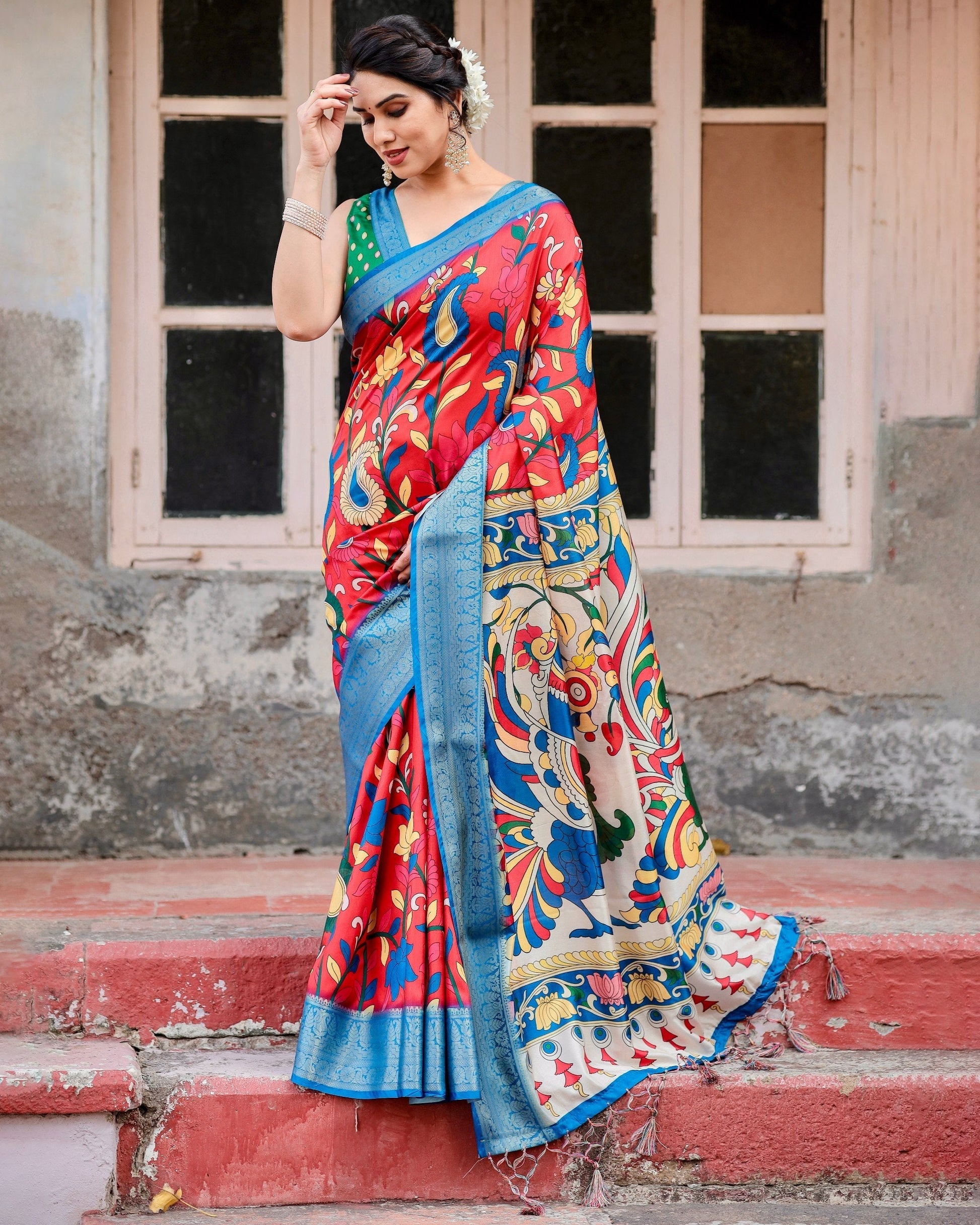 Red With Sky Blue Floral Printed Cotton Silk Saree