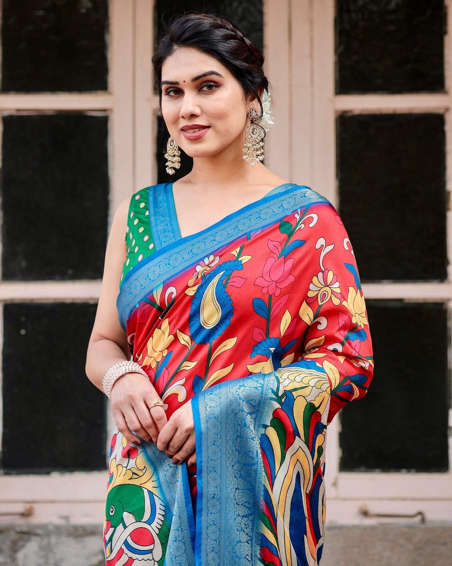 Red With Sky Blue Floral Printed Cotton Silk Saree