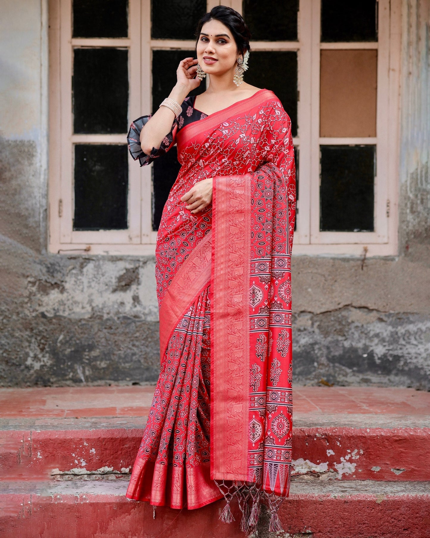 Red Floral Printed Cotton Silk Saree
