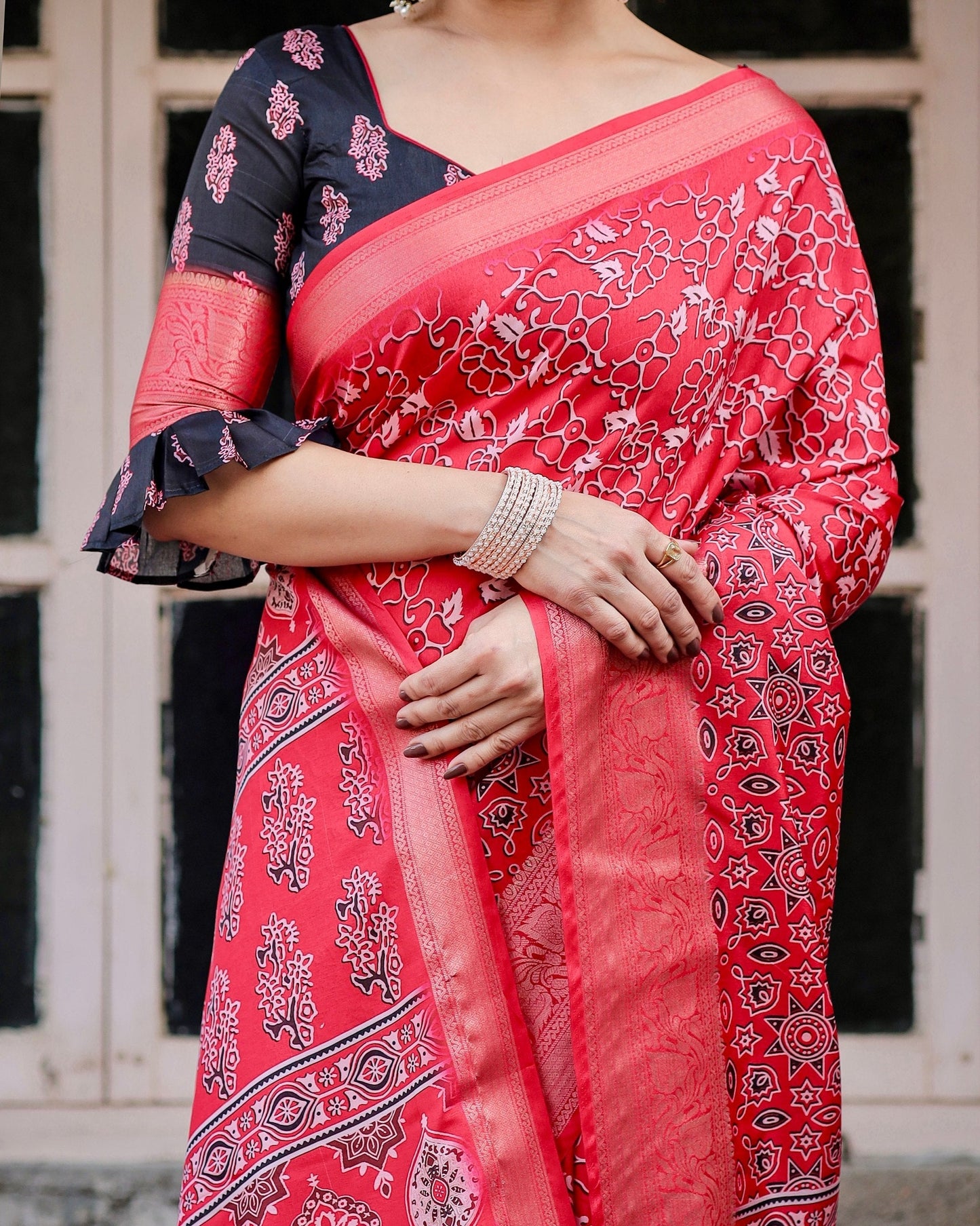 Red Floral Printed Cotton Silk Saree