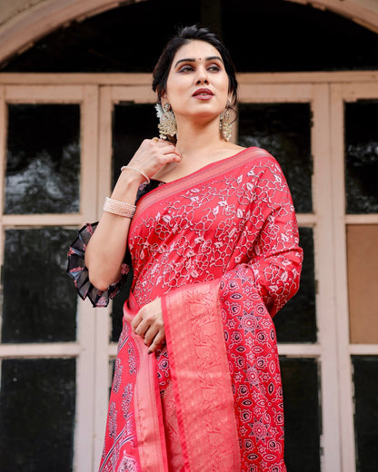 Red Floral Printed Cotton Silk Saree
