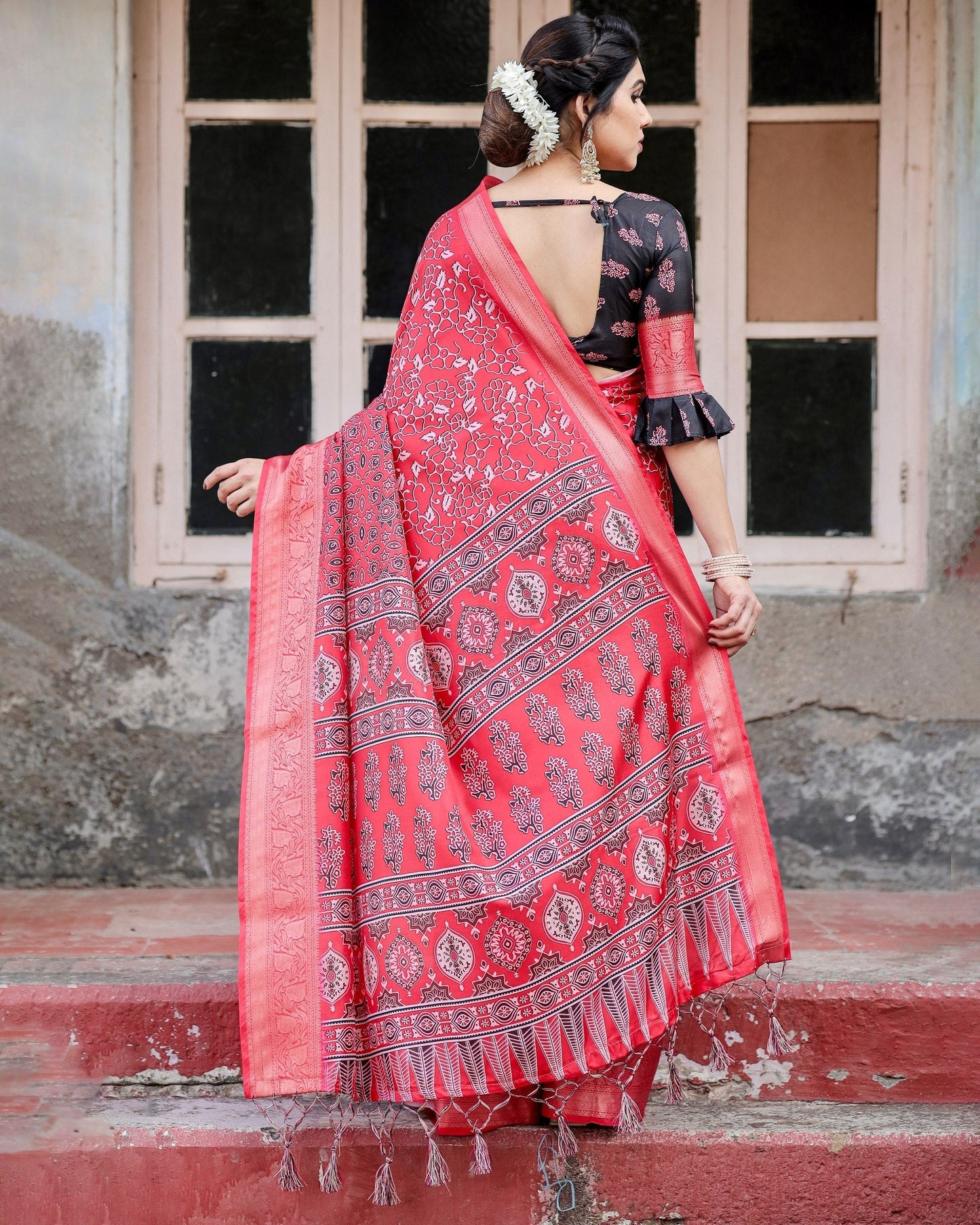 Red Floral Printed Cotton Silk Saree