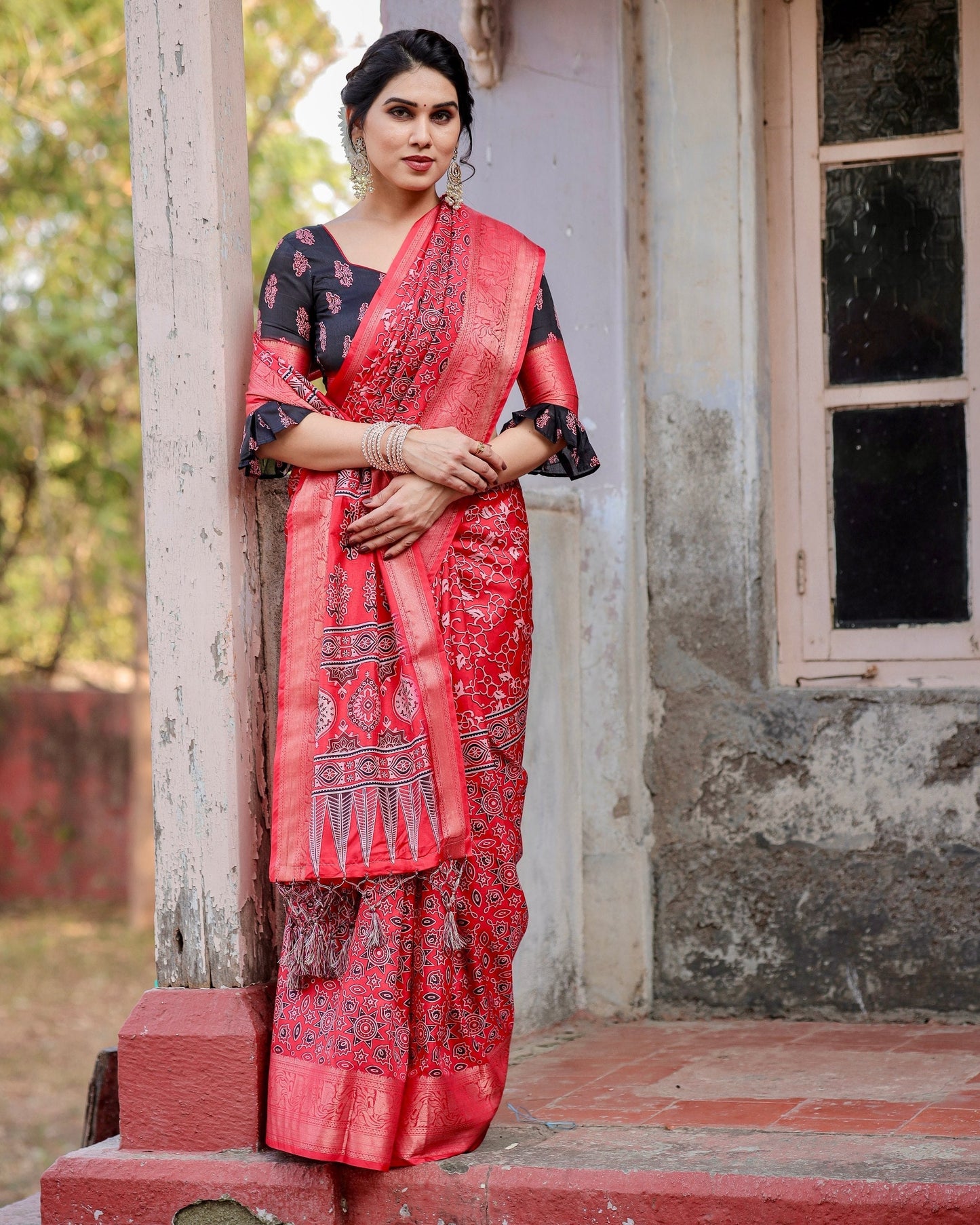 Red Floral Printed Cotton Silk Saree