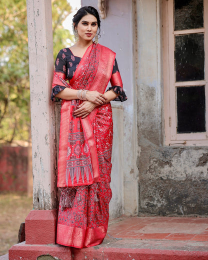 Red Floral Printed Cotton Silk Saree