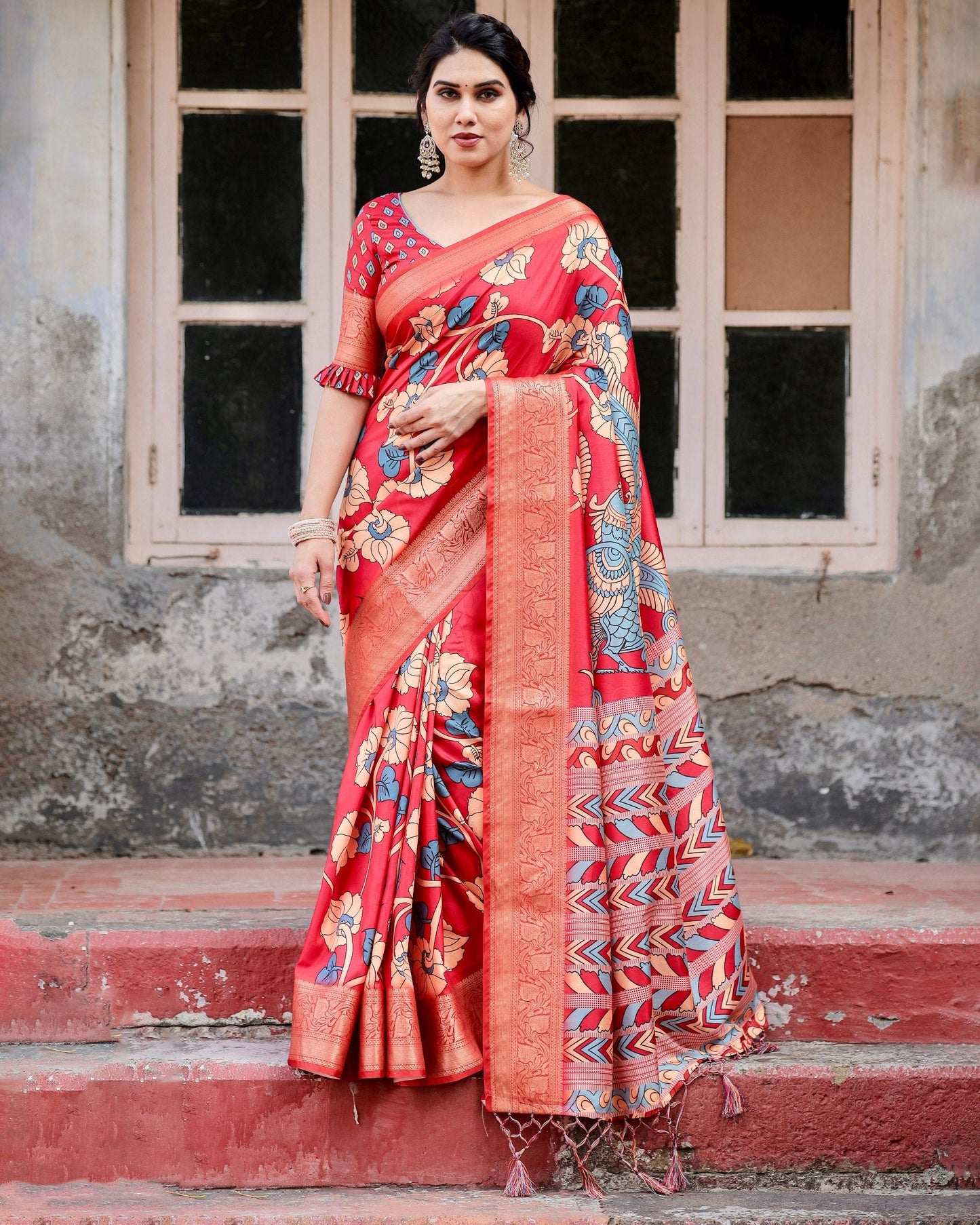 Red Flower Floral Printed Cotton Silk Saree