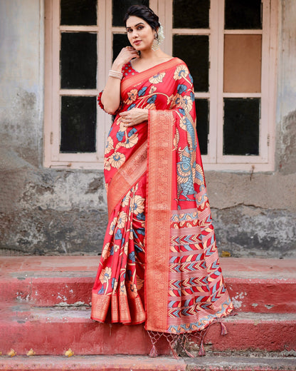 Red Flower Floral Printed Cotton Silk Saree