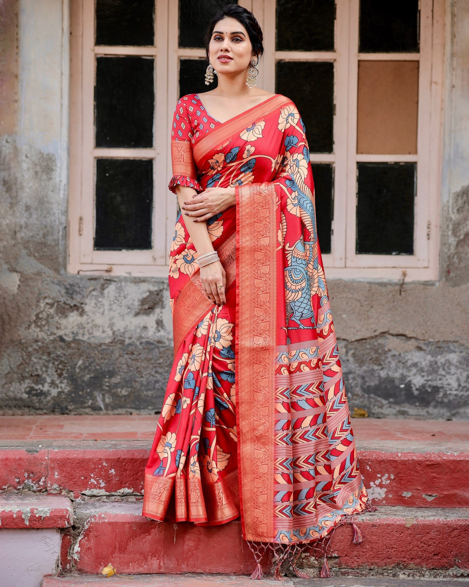 Red Flower Floral Printed Cotton Silk Saree