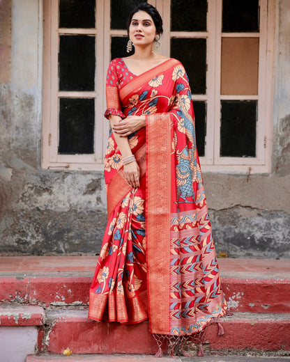 Red Flower Floral Printed Cotton Silk Saree