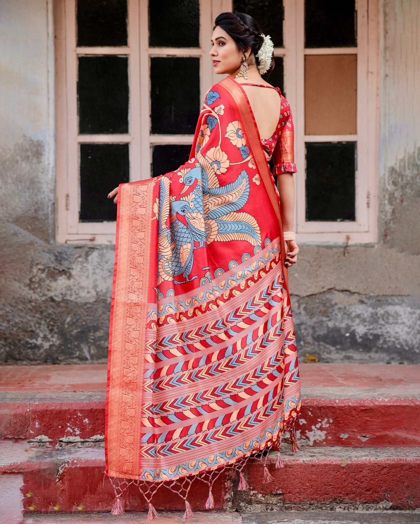 Red Flower Floral Printed Cotton Silk Saree