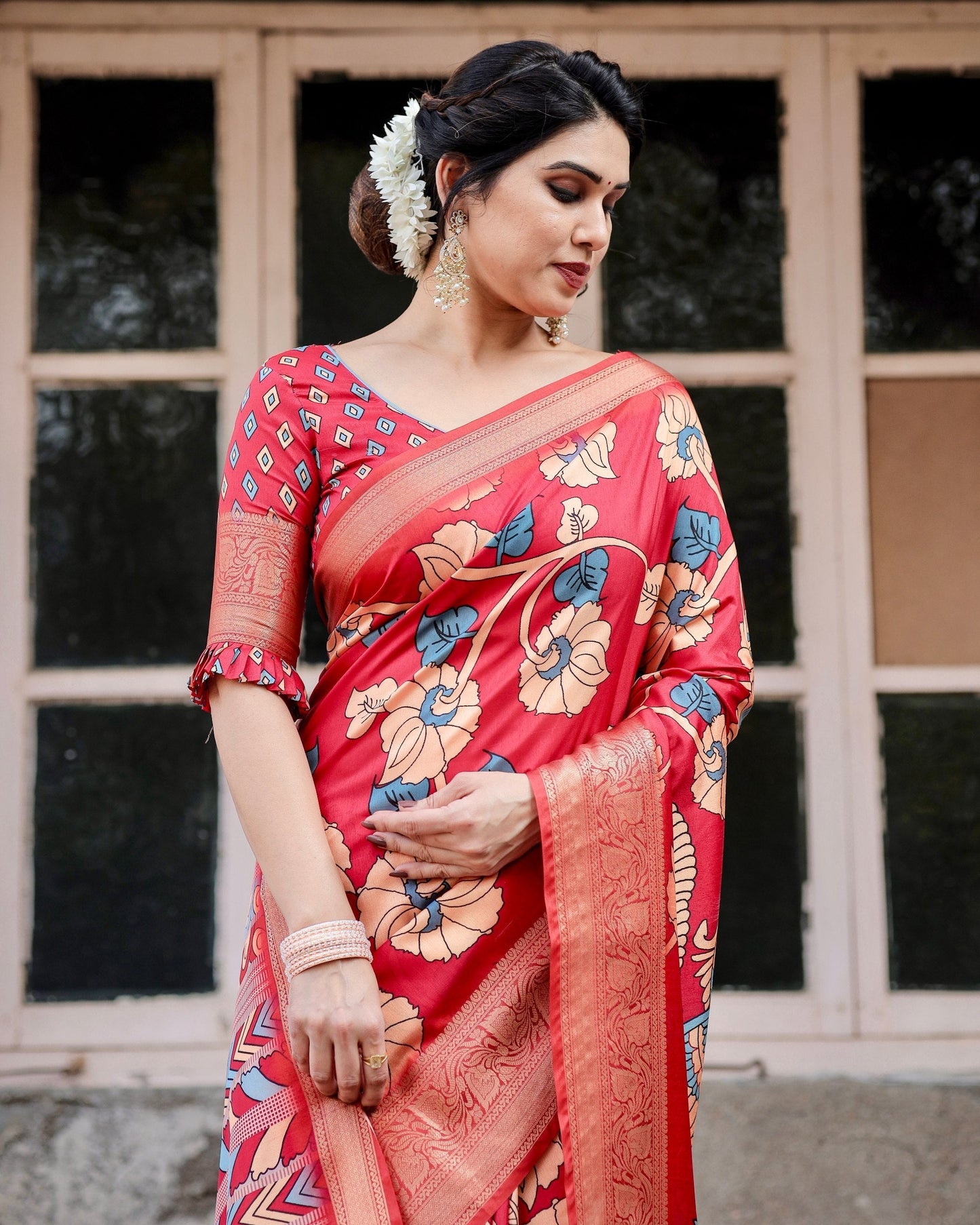 Red Flower Floral Printed Cotton Silk Saree