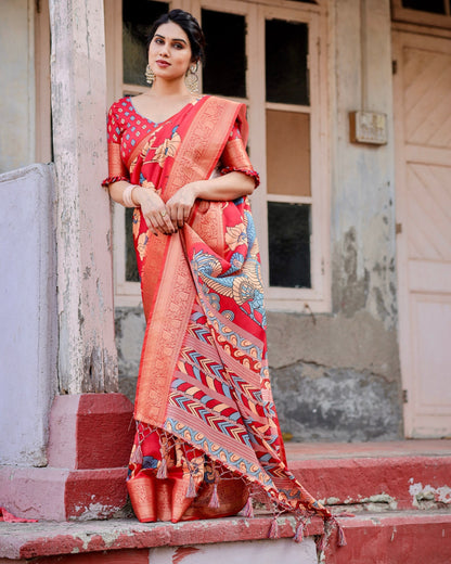 Red Flower Floral Printed Cotton Silk Saree