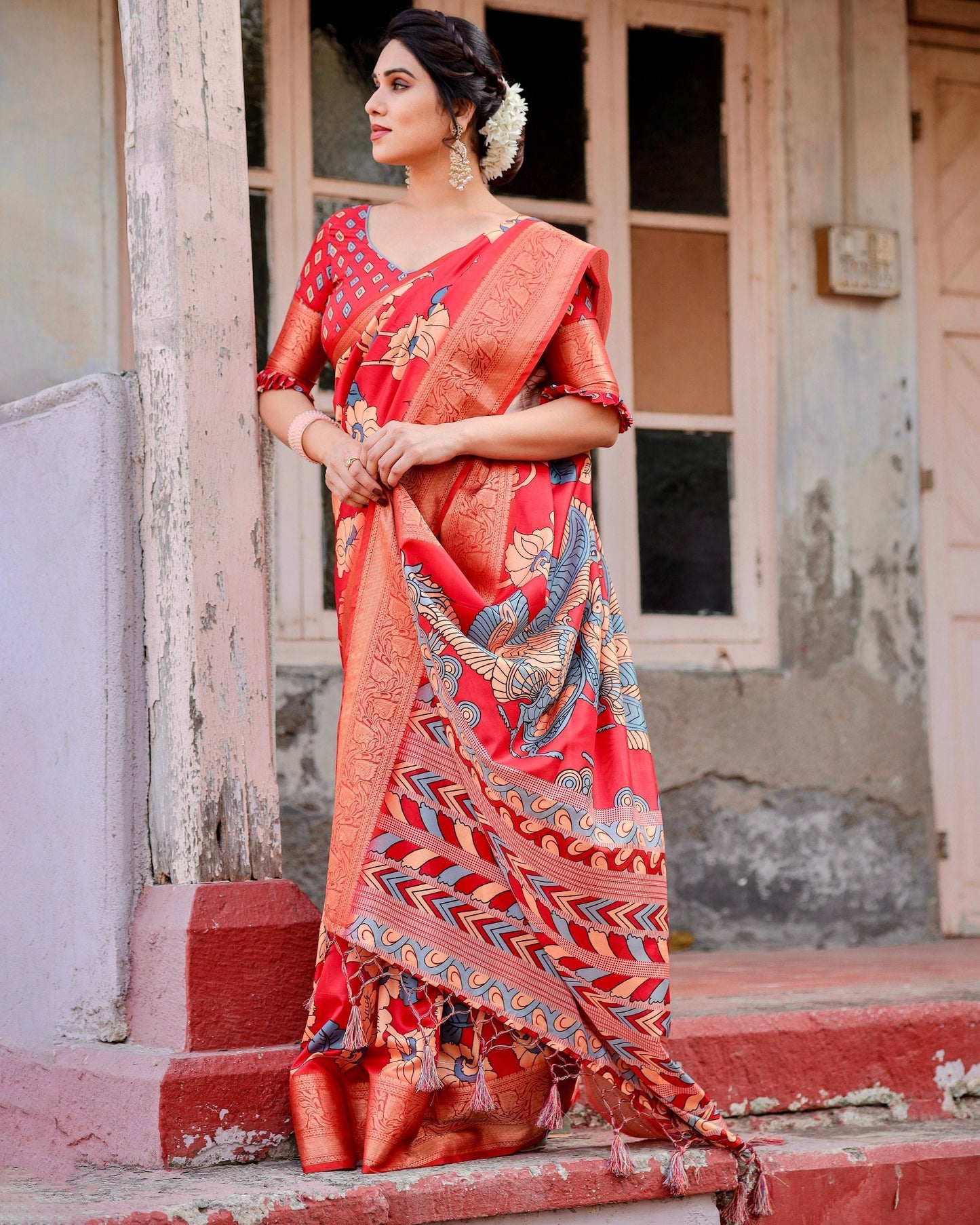 Red Flower Floral Printed Cotton Silk Saree