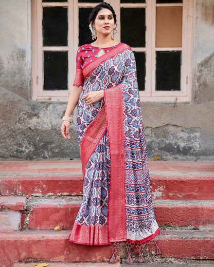 Grey Floral Printed Cotton Silk Saree