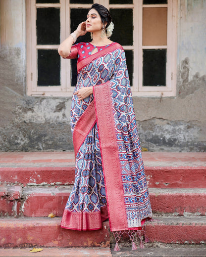 Grey Floral Printed Cotton Silk Saree