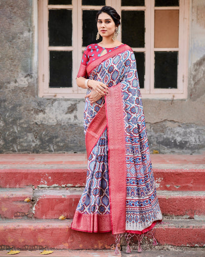 Grey Floral Printed Cotton Silk Saree