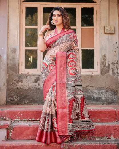Peach & pink Floral Printed Cotton Silk Saree