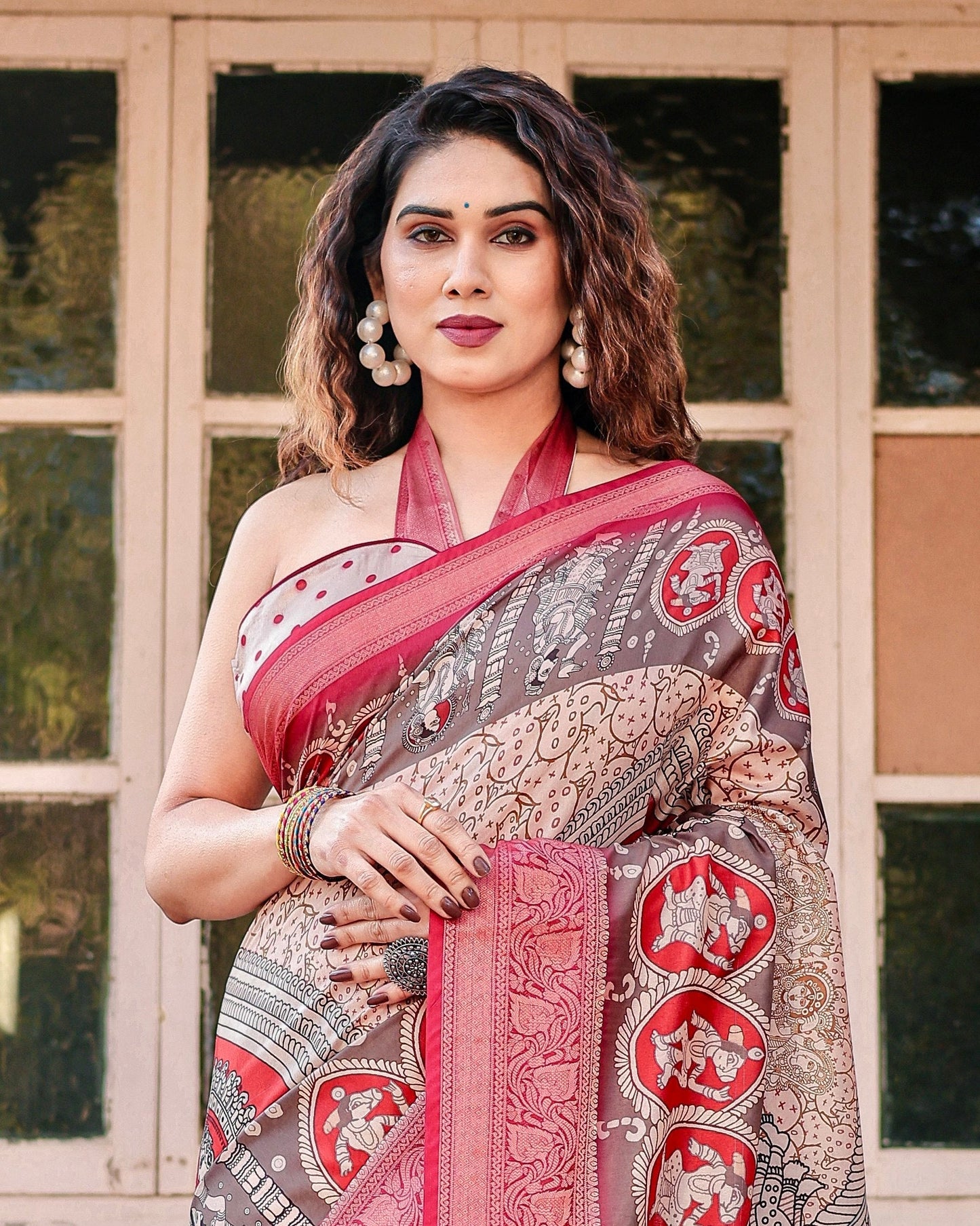 Peach & pink Floral Printed Cotton Silk Saree
