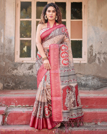 Peach & pink Floral Printed Cotton Silk Saree