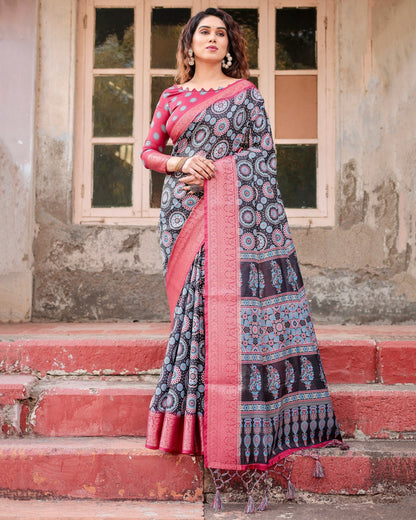 Black & Pink Floral Printed Cotton Silk Saree