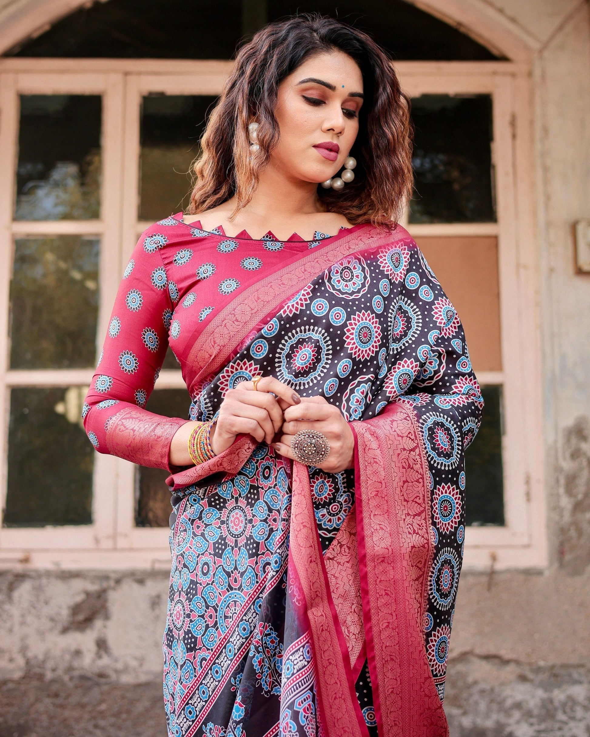 Black & Pink Floral Printed Cotton Silk Saree