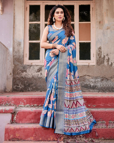 Sky Blue Flower Floral Printed Cotton Silk Saree
