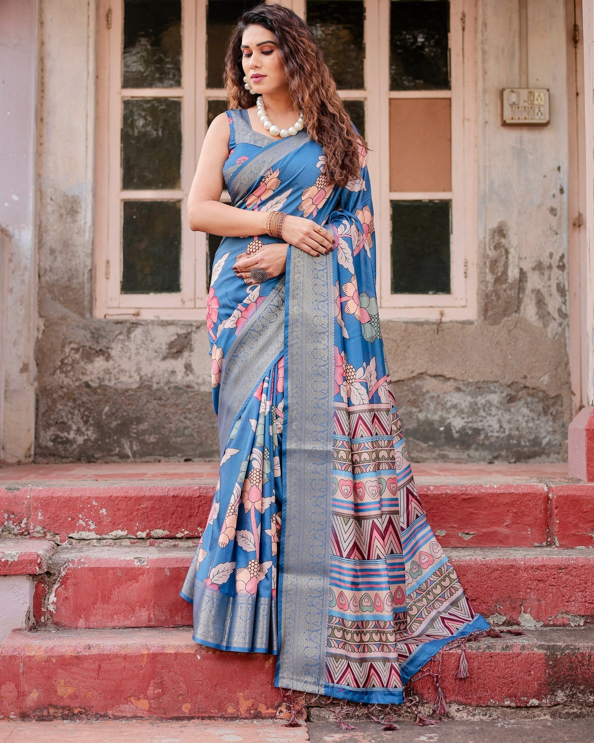 Sky Blue Flower Floral Printed Cotton Silk Saree