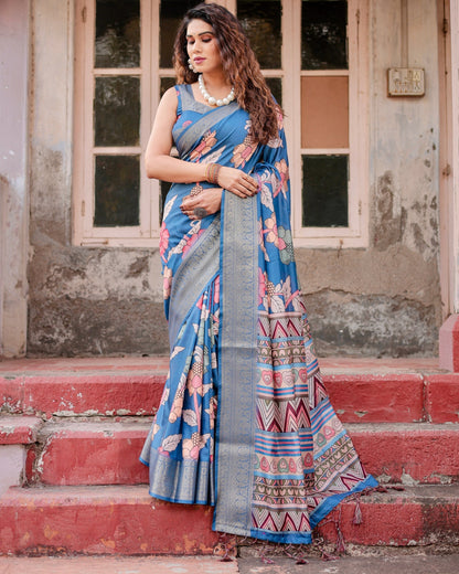 Sky Blue Flower Floral Printed Cotton Silk Saree