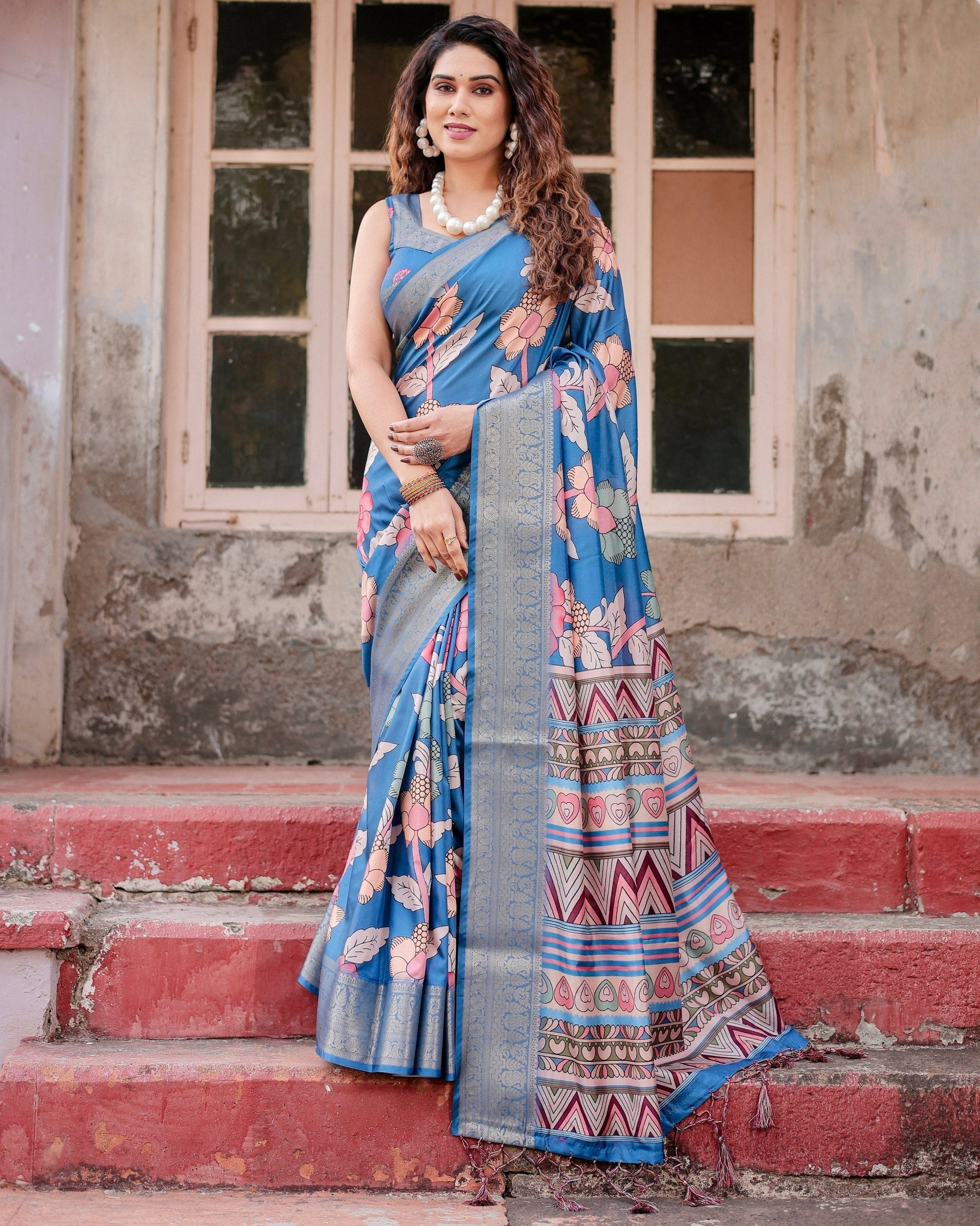 Sky Blue Flower Floral Printed Cotton Silk Saree