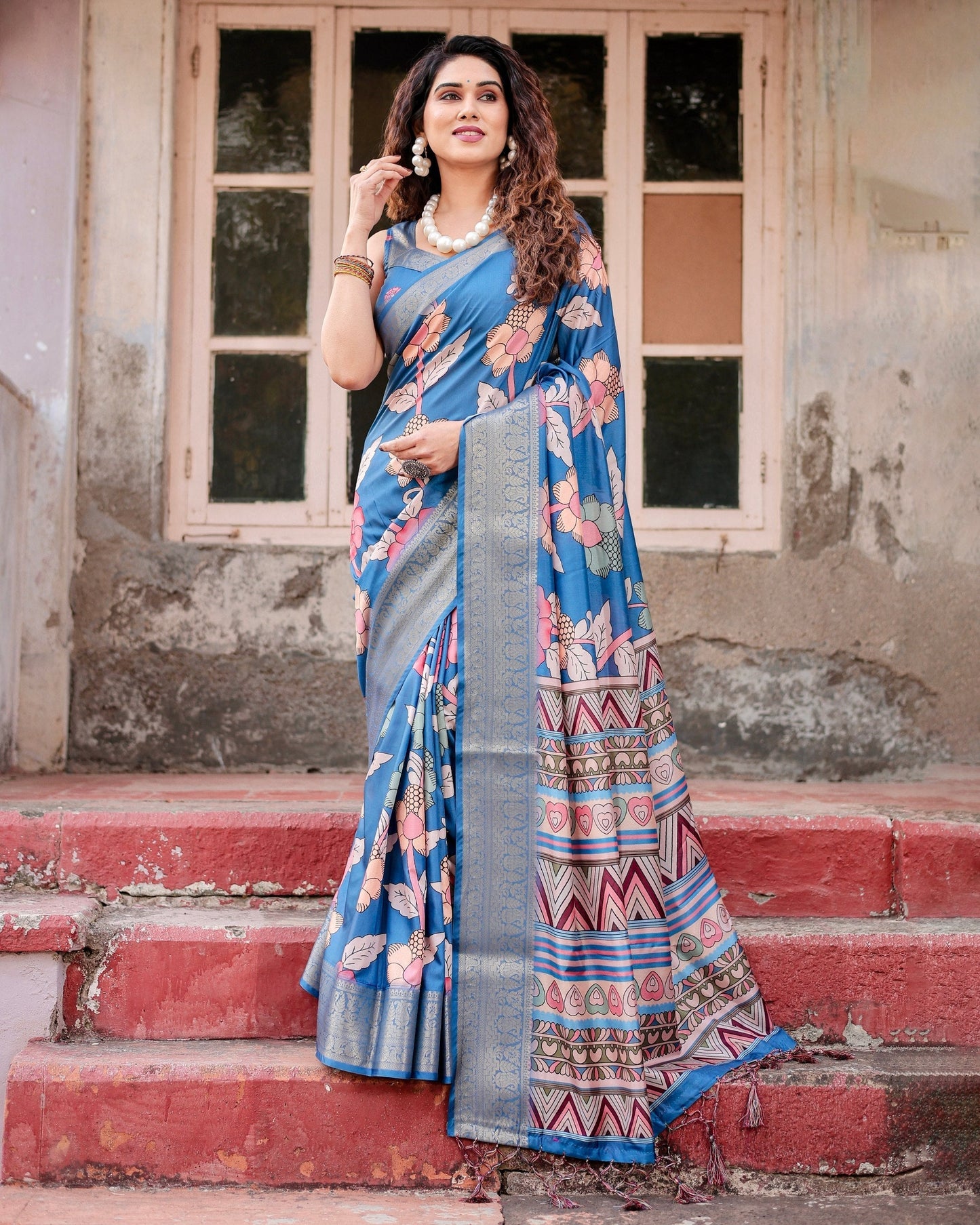 Sky Blue Flower Floral Printed Cotton Silk Saree