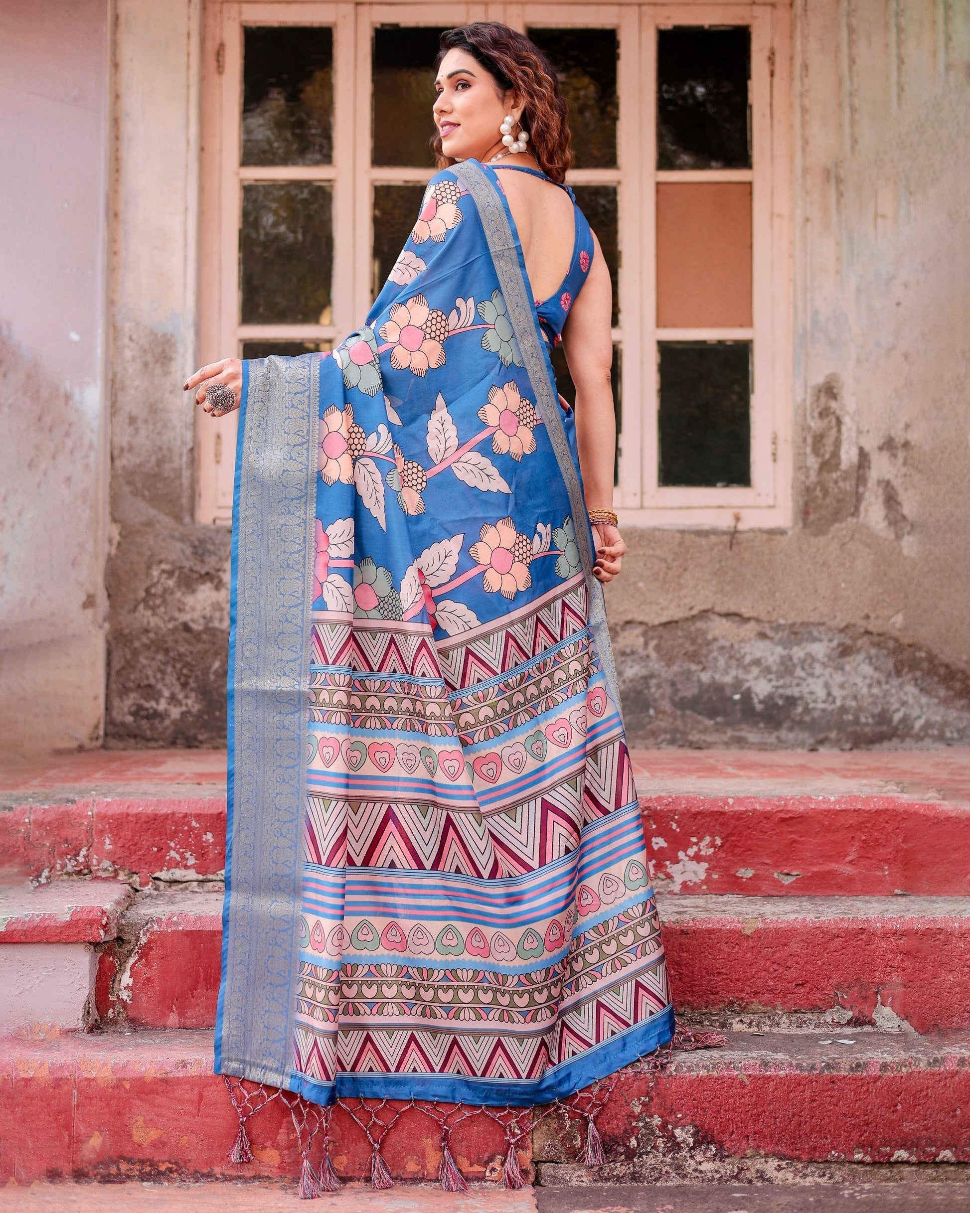Sky Blue Flower Floral Printed Cotton Silk Saree