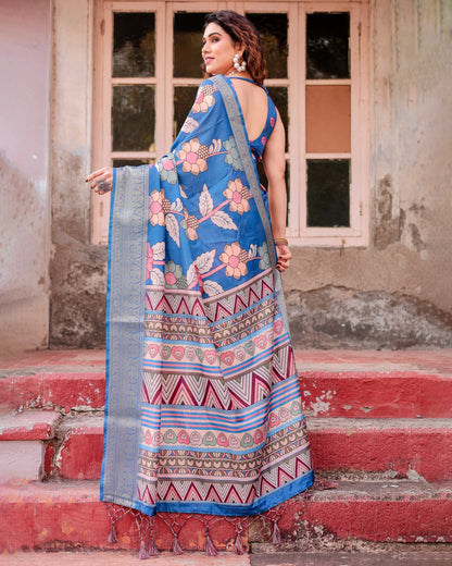 Sky Blue Flower Floral Printed Cotton Silk Saree