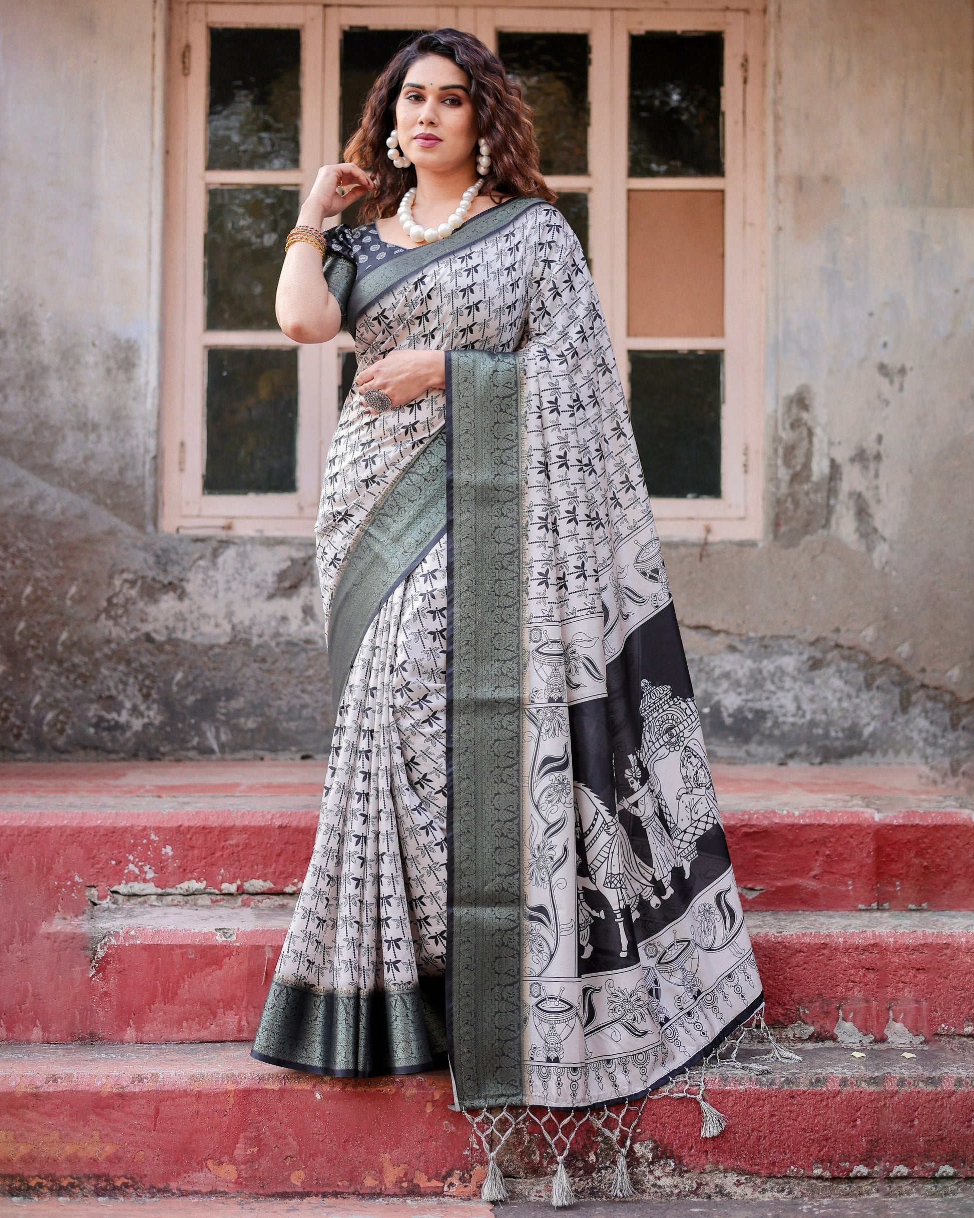 Cream & Black Floral Printed Cotton Silk Saree