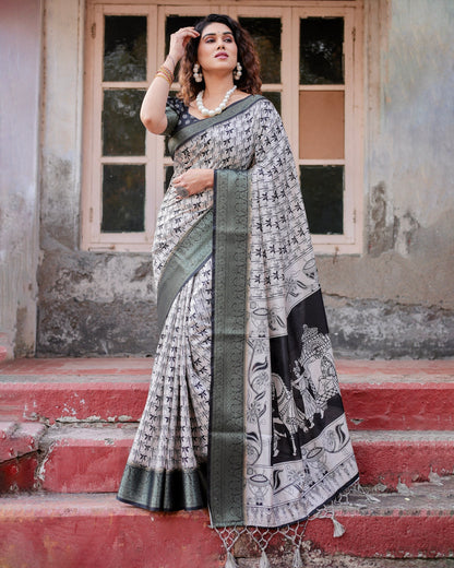 Cream & Black Floral Printed Cotton Silk Saree