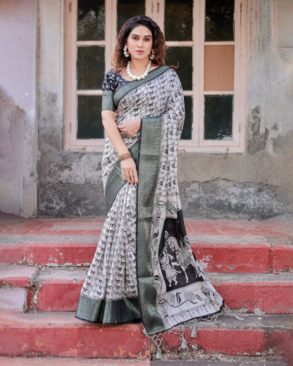 Cream & Black Floral Printed Cotton Silk Saree