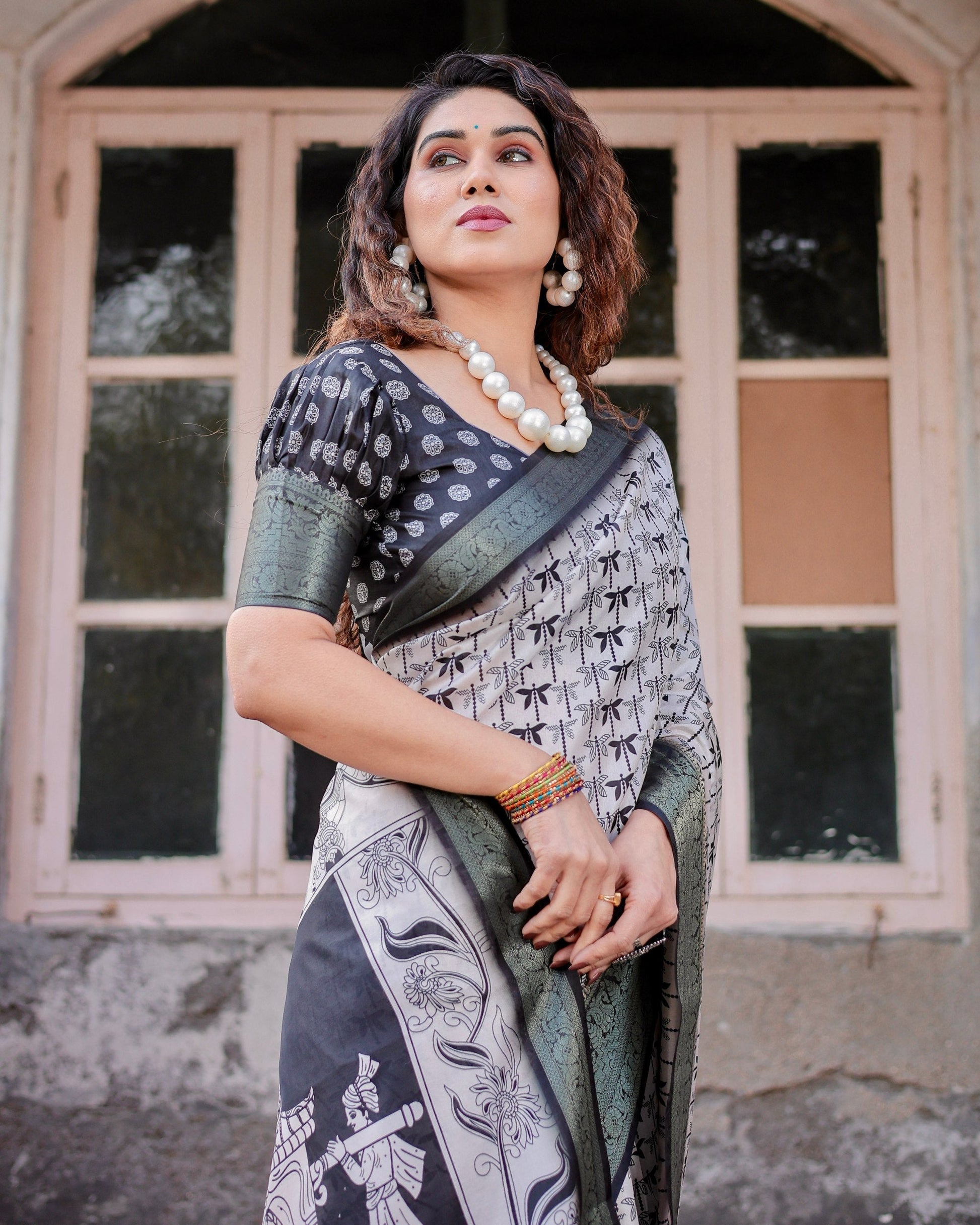 Cream & Black Floral Printed Cotton Silk Saree