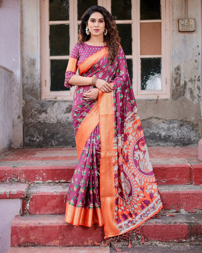 Pink & Orange Floral Printed Cotton Silk Saree