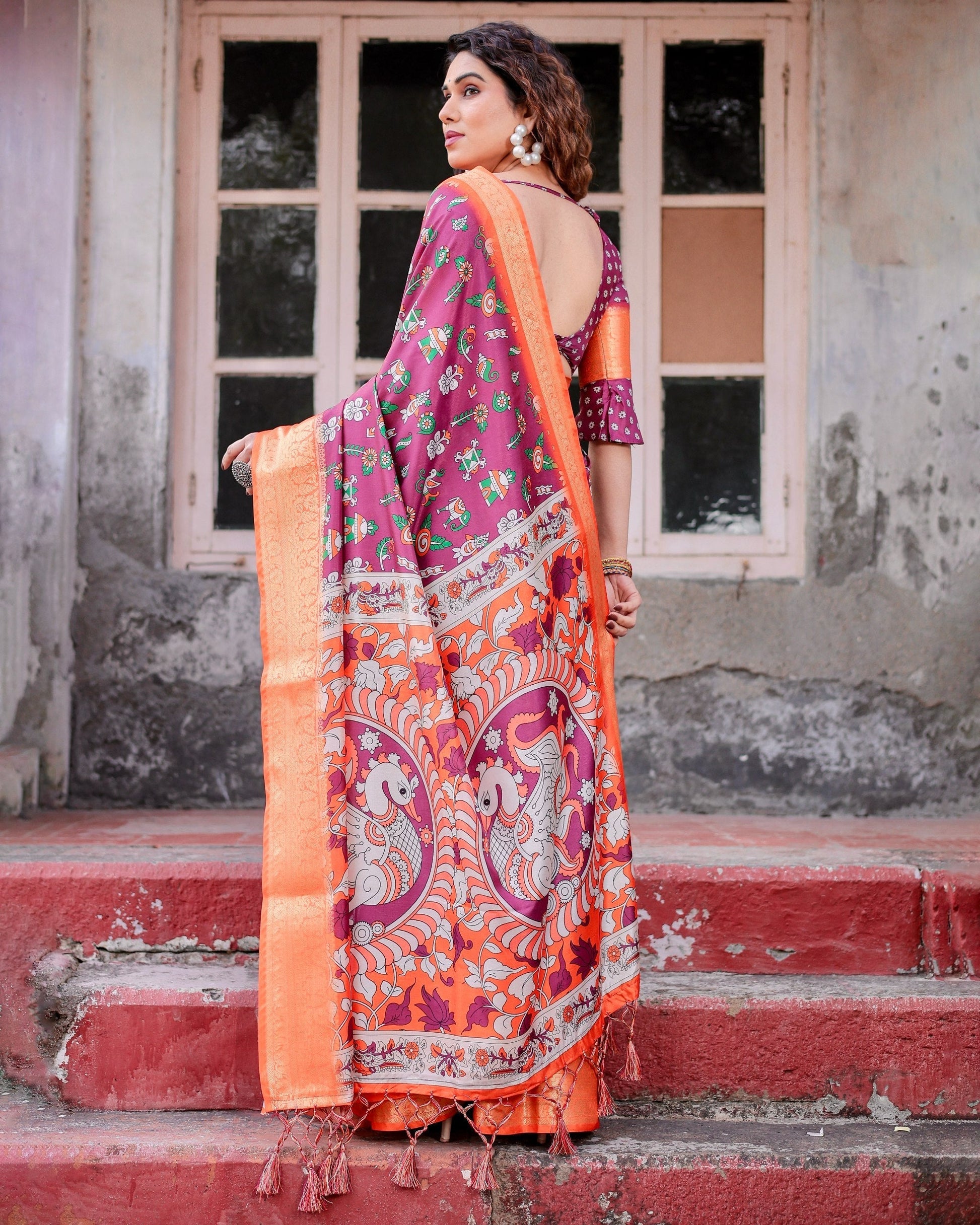 Pink & Orange Floral Printed Cotton Silk Saree