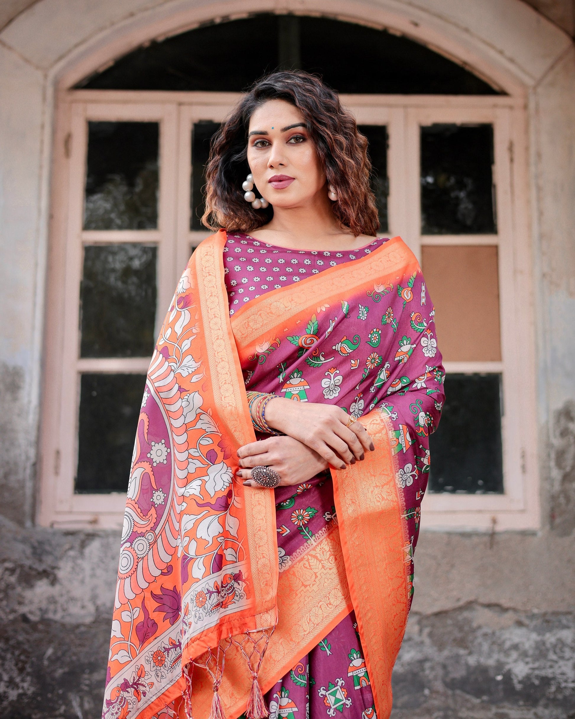 Pink & Orange Floral Printed Cotton Silk Saree