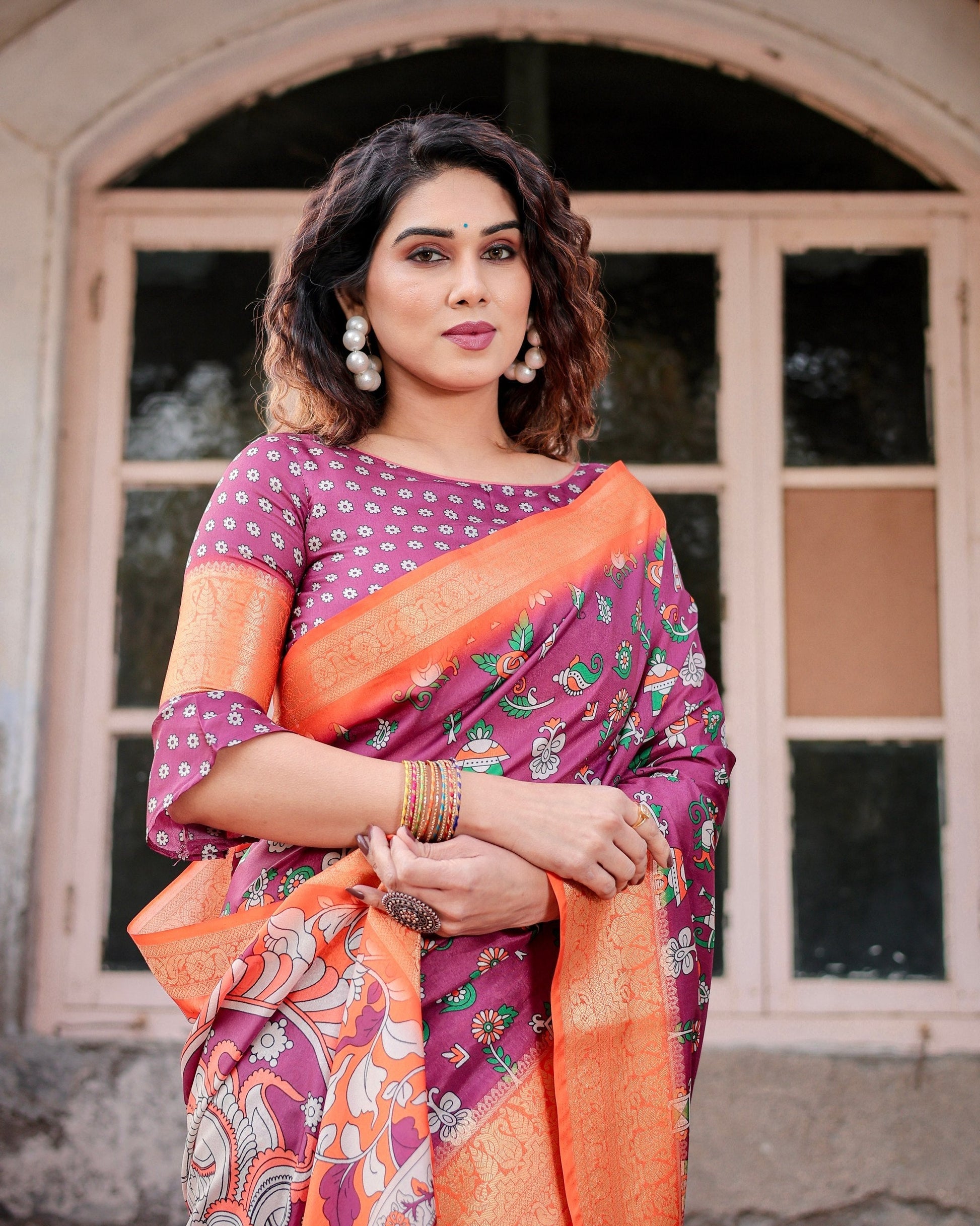 Pink & Orange Floral Printed Cotton Silk Saree